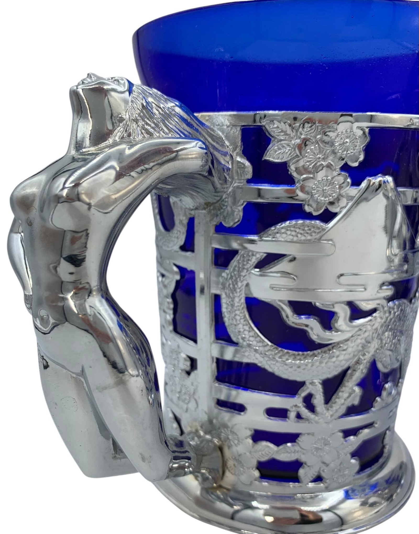 PAIR Figural Nude SIREN Korean Cobalt Blue Glass Openwork Silver Metal Beer Tankards in Box: Brought home from Korea and remain with the foam wrapping, both mugs are in exceptional condition.