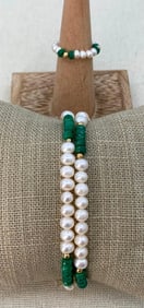 Faceted Emerald, Gold and Freshwater Pearl Stretch Bracelets and Ring 3 pc Set