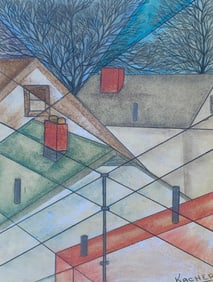 3 pc Mid Century Student Artwork Halle Bros. Art Exhibit Pastel Chalk & Colored Pencil Drawings