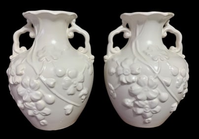 Pair of Early HAEGER Cream Satin Pottery Double Handled Embossed Floral Vases