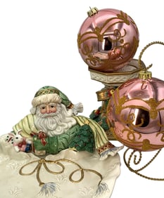 5 pc FITZ and FLOYD Christmas Santa Platter, Candlestick, Pink Glass Ornaments and Ornament Stand