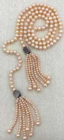Superb Blush Pink Ringed Freshwater Pearl Double Tassel Necklace