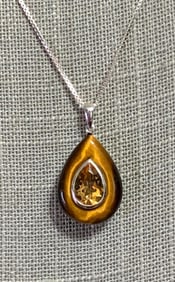 Tigers Eye, Citrine and Sterling Silver Pendant on 925 Italian Chain