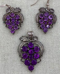 Sterling and Amethyst Grape Cluster Jeweled Pendant and Hook Earring Set