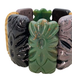 Vintage Carved Multicolored Chunky Bakelite Panel Stretch Cuff Bracelet