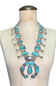 Mind Blowing Native American Crafted Museum Quality Bisbee Turquoise Silver Squash Blossom Necklace