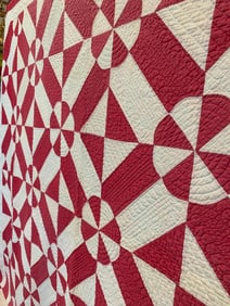 Heirloom Antique Hand Stitched Ruby and White Circular Bowtie Variation Geometric Quilt, Coverlet