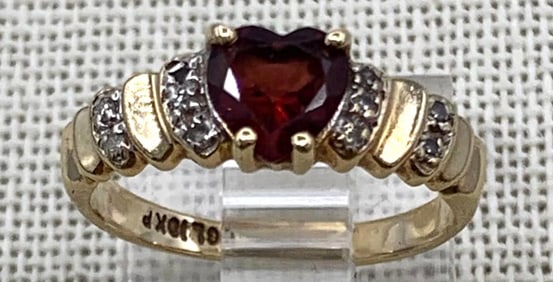 10k Gold Heart Shaped Garnet and Petite Diamond Sweetheart Ring