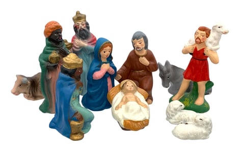 11 pc Mid Century JAPAN Vintage Miniature Nativity Statues in the Original Santa Creation Box