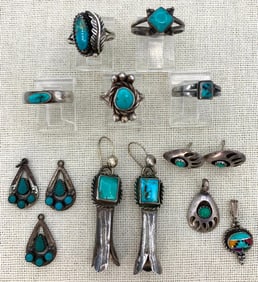 14 pc Sterling and Turquoise Vintage Native American Crafted Jewelry Collection