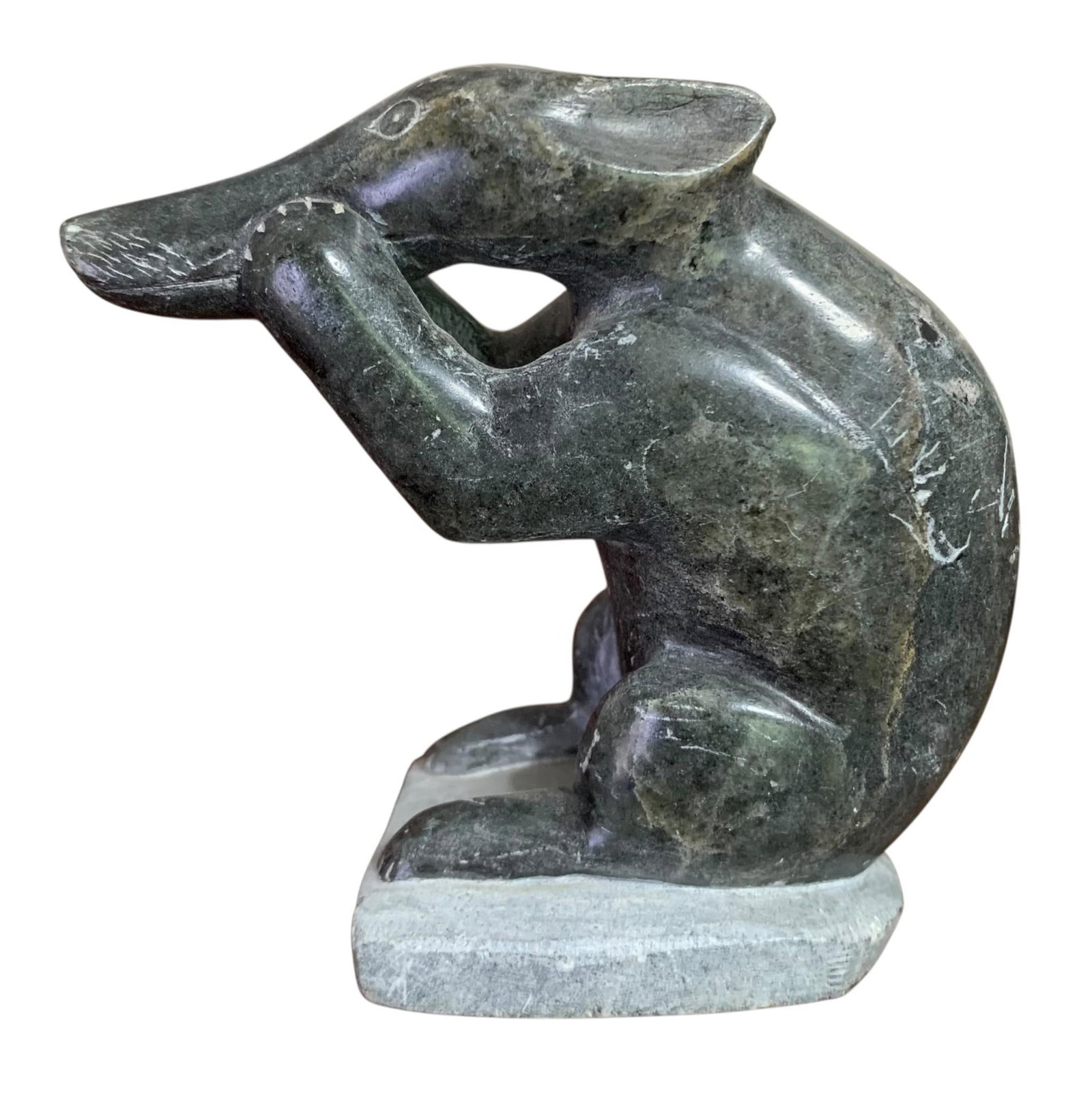 Inuit Soapstone Animal Effigy Folk Carving, Totem, Hand Carved Sculpture: In a interesting pose...measuring 3 3/4" x 4" x 2 1/4", numerals and letters etched into the base.&;&;