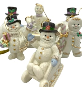 5 pc LENOX Snowman Christmas Candy Dish and Porcelain Christmas Tree Ornament Collection