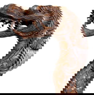 Balinese Dragon and Hooked Beak Bird Vintage Men's Walking Sticks, 2 pc Gentleman's Cane Set: 1) Hand carved open mouth Balinese Dragon with ornately carved handle and scaled shaft, 39&#34; x 4 1/2&#34; x 1 5/8&#34;2) Bird of prey carved composite handle with glass eyes, metal ferrule and wood