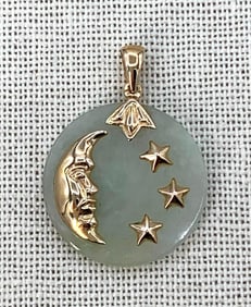14k Yellow Gold Moss Green Jade Crescent Moon and Stars Necklace Pendant