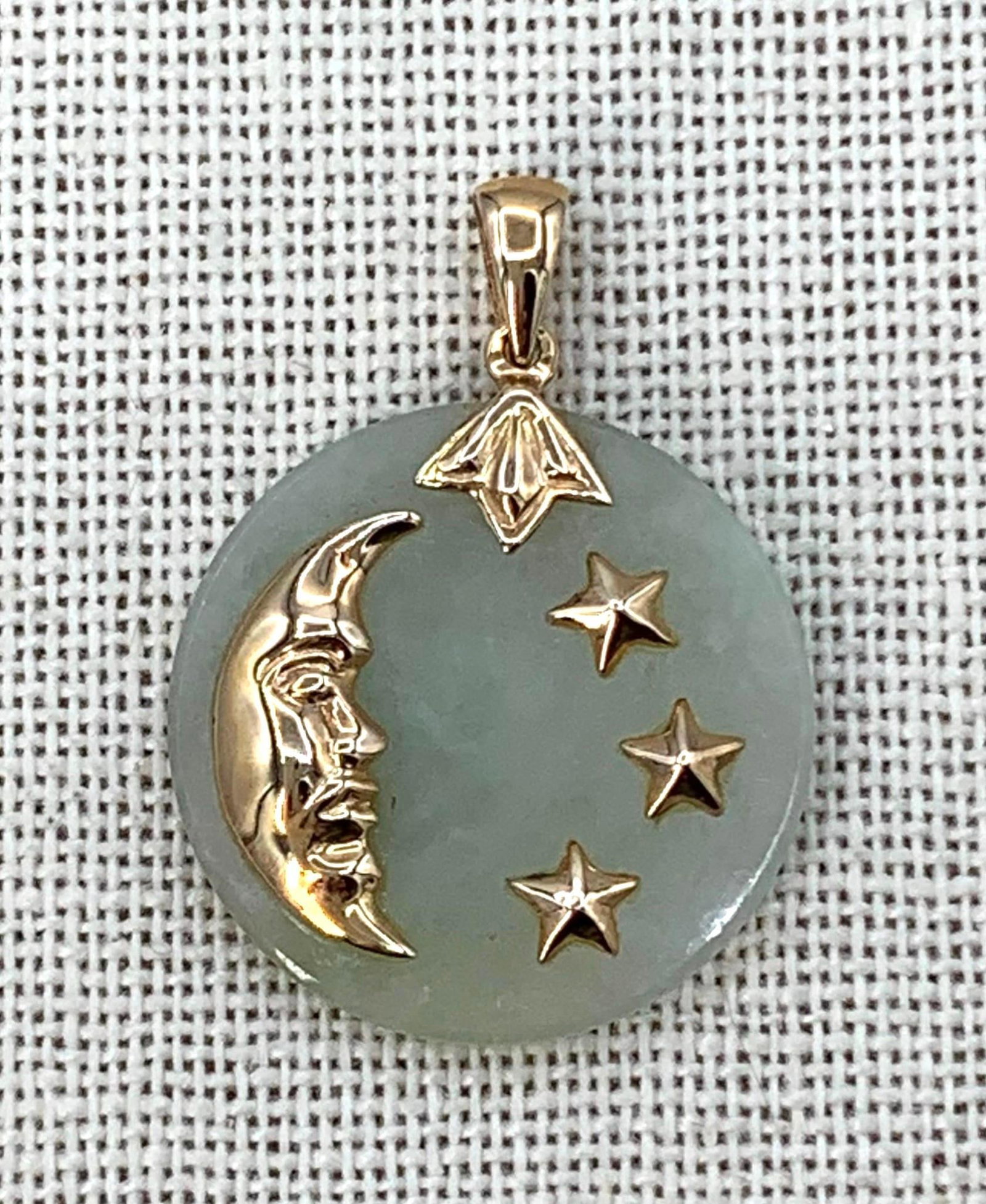 14k Yellow Gold Moss Green Jade Crescent Moon and Stars Necklace Pendant: Hallmarked SANUK 14k, 1 1/8" x 7/8", soft marbled Jade, LOVELY!