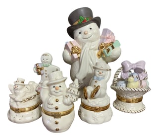 6 pc LENOX Porcelain Snowman Figurine and Holiday Trinket Box Collection