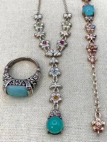 5 pc Sterling Silver Dragonfly Necklace and Bracelet, 925 Ring and Hoop Earring Collection