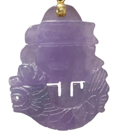 14k Gold Carved Plum Jade Sea Serpent Sailing Ship Necklace Pendant
