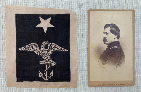 19th Century Civil War Maj. General George B. McClellan CDV and c1866 US Navy Petty Officer Patch: Original period CDV and 19th century US Navy patch, both in good condition with minor wear to the materials.