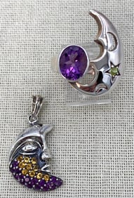 925 Crescent Moon Ring and Pendant with Amethyst, Peridot and Citrine Gemstones