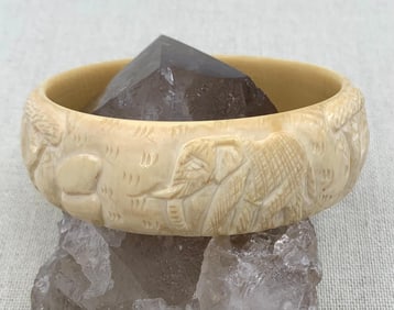 Intricately Hand Carved Elephants and Baobab Tree Bangle Bracelet