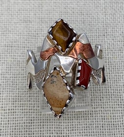 Carolyn Pollack Sterling Silver, Copper, Tigers Eye and Jasper Zig Zag Southwest Statement Ring