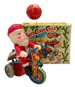 Made in Japan Tin Litho Wind-up Santa Claus Merry Christmas Bicycle Toy in the Box
