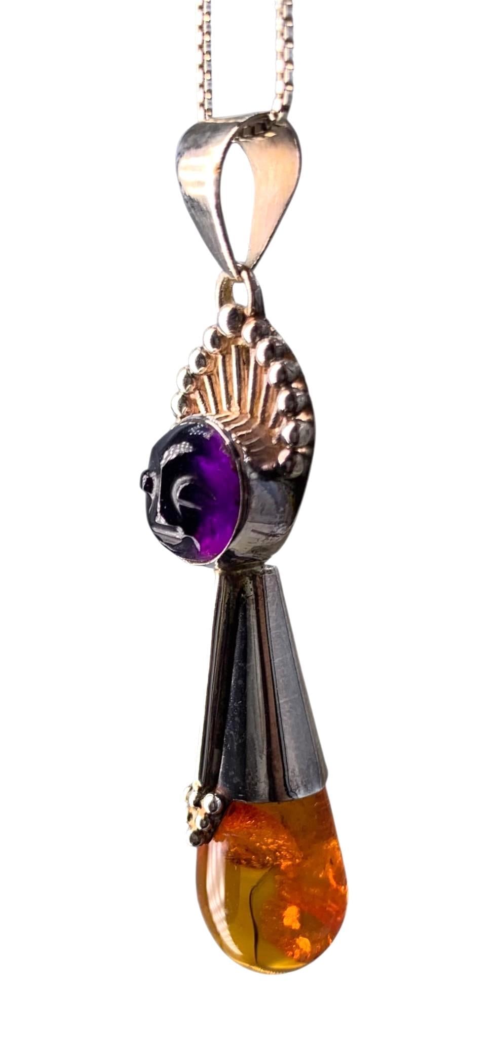 Sterling Silver, Amber and Carved Amethyst Face Pendant on 925 Chain (1 of 10)