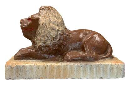 c1952 Wadsworth Ohio Reclining Lion Terracotta Sewer Tile Sculpture Door Stop, Gate Weight