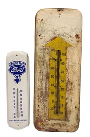 Early Painted Over Vintage General Store Thermometer and Modern Enamel Metal FORD Thermometer