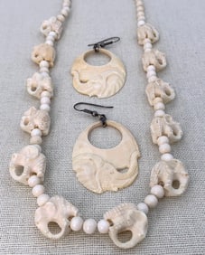 Hand Carved Elephant Bead Necklace and Large Elephant Pierced Hoop Earrings
