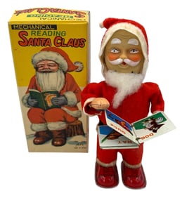Mid Century Alps JAPAN Wind-Up Tin Litho Reading Santa Clause Toy with the Original Box