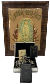 Catholic Holy Madonna Embroidery Celluloid Sampler and Religious Icon, Rosary, Jewelry Collection