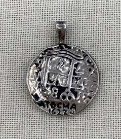 Spanish ATOCHA Embossed Silver Coin Necklace Pendant