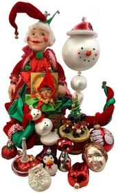14 pc Wayne Kleski Jester Christmas Elf, 2 Music Boxes and Blown Glass Holiday Ornament Collection