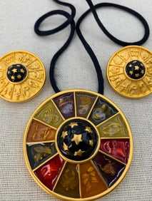 Bob Mackie Astrological Enamel Zodiac Wheel Pendant Brooch Designer Necklace and Earrings