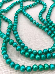 Incredible Emerald Green Ringed Freshwater Pearl 60 inch Long Strand of Pearls