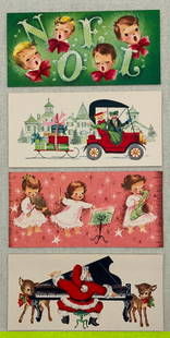 24 Vintage New Old Stock 1960s era Christmas Cards in the Box: 8 designs with 3 cards of each, rich hues and delightful graphics, USA made Sunshine card, lightly textured paper, 24 original envelopes included along with the original box.