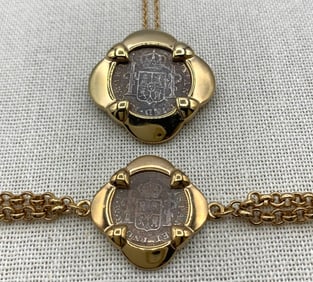 El Cazdor Shipwreck 1783 Spanish Coin 925 Pendant Necklace and Gold Vermeil Sterling Silver Bracelet