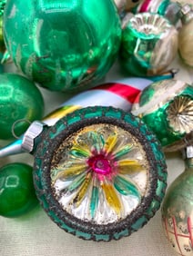 34 pc Vintage Emerald Green Blown Glass and Plastic Christmas Tree Ornaments