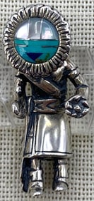 Native American Indian Crafted Sterling Silver Tawa Sunface Kachina Inlaid Relios Necklace Pendant