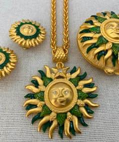 Bob Mackie 4 pc Gold and Pine Green Enamel Sun Pendant, Clip Earrings and Hinged Compact