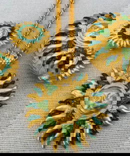 Bob Mackie 4 pc Gold and Pine Green Enamel Sun Pendant, Clip Earrings and Hinged Compact: Lux set, each signed Bob Mackie, glittering rhinestone accent, 20" chain circumference, working closure, 2 1/4" x 1 3/4" pendant, 1" earrings, 1 7/8" x 1 3/4" compact, Stunning!