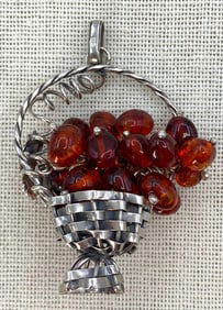 Unusual Sterling Silver Grapes and Leaves Woven Cognac Amber Basket 925 Necklace Pendant