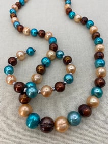 Champagne, Cocoa and Aquamarine Ringed Freshwater Pearl Necklace and Bracelet