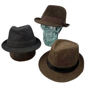 3 pc Men's Small Brim Fedora Hats: 2 Wool Blend with All American Stetson Labels