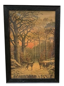 Antique Robert Georgius German Artist Deer in Winter Forest Framed Lithograph