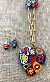 Vibrant Venetian Glass Heart Pendant Necklace and Pierced Italian Earrings