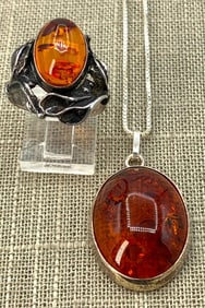 Sterling Silver Amber Pendant, 925 Chain and Cabochon Ring