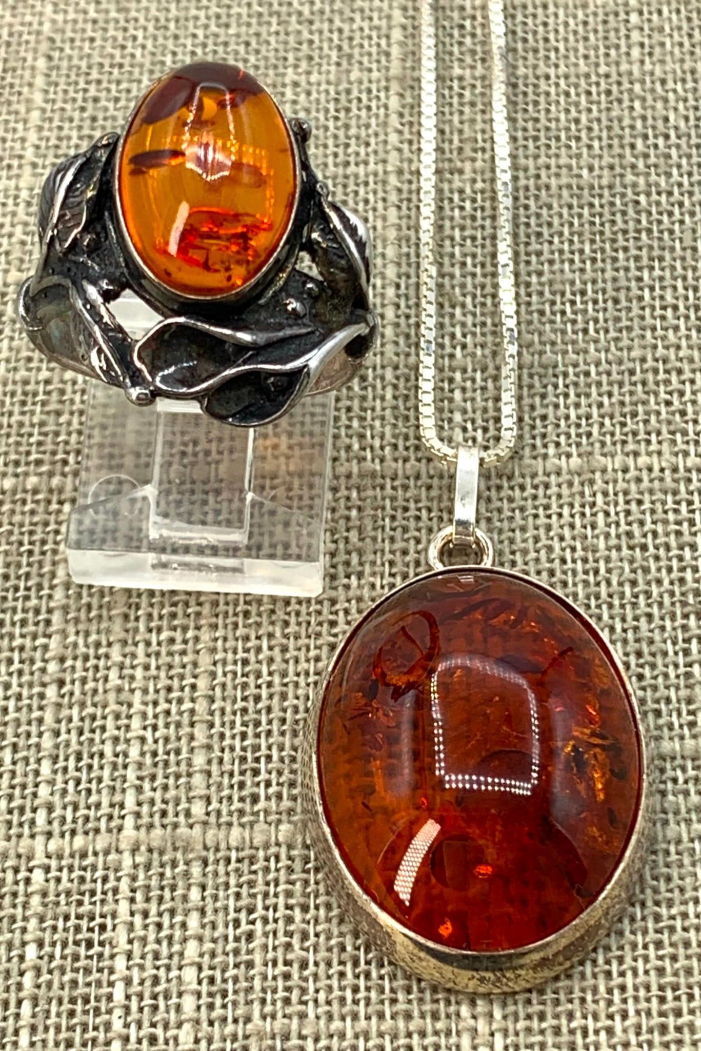 Sterling Silver Amber Pendant, 925 Chain and Cabochon Ring (1 of 15)